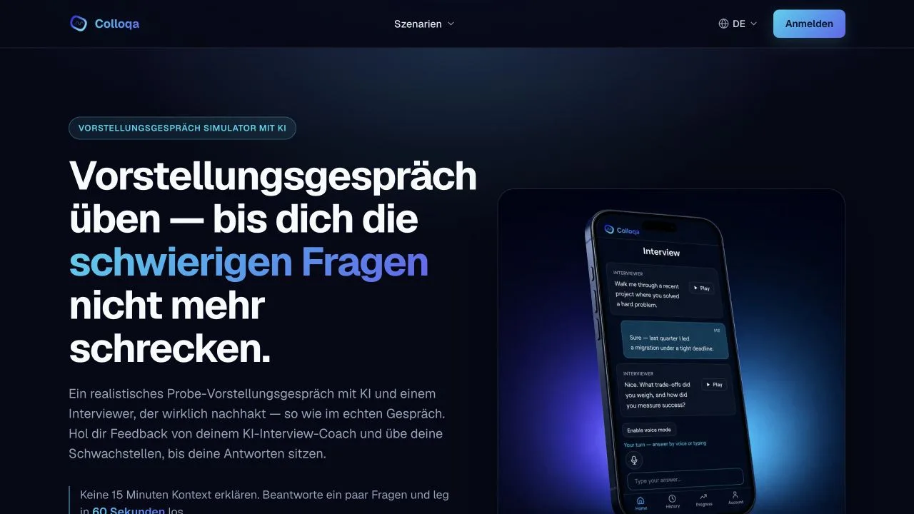 Deutsche öffentliche Colloqa-Seite mit Vorstellungsgespräch-Simulator und Smartphone-Vorschau