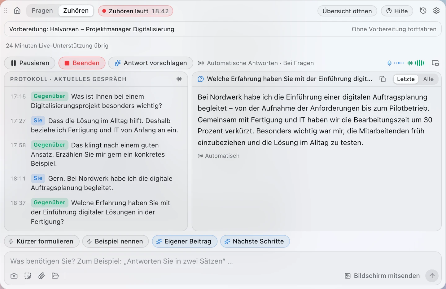 Earpiece-Fenster mit erkannter Frage und einem vollständigen Antwortvorschlag