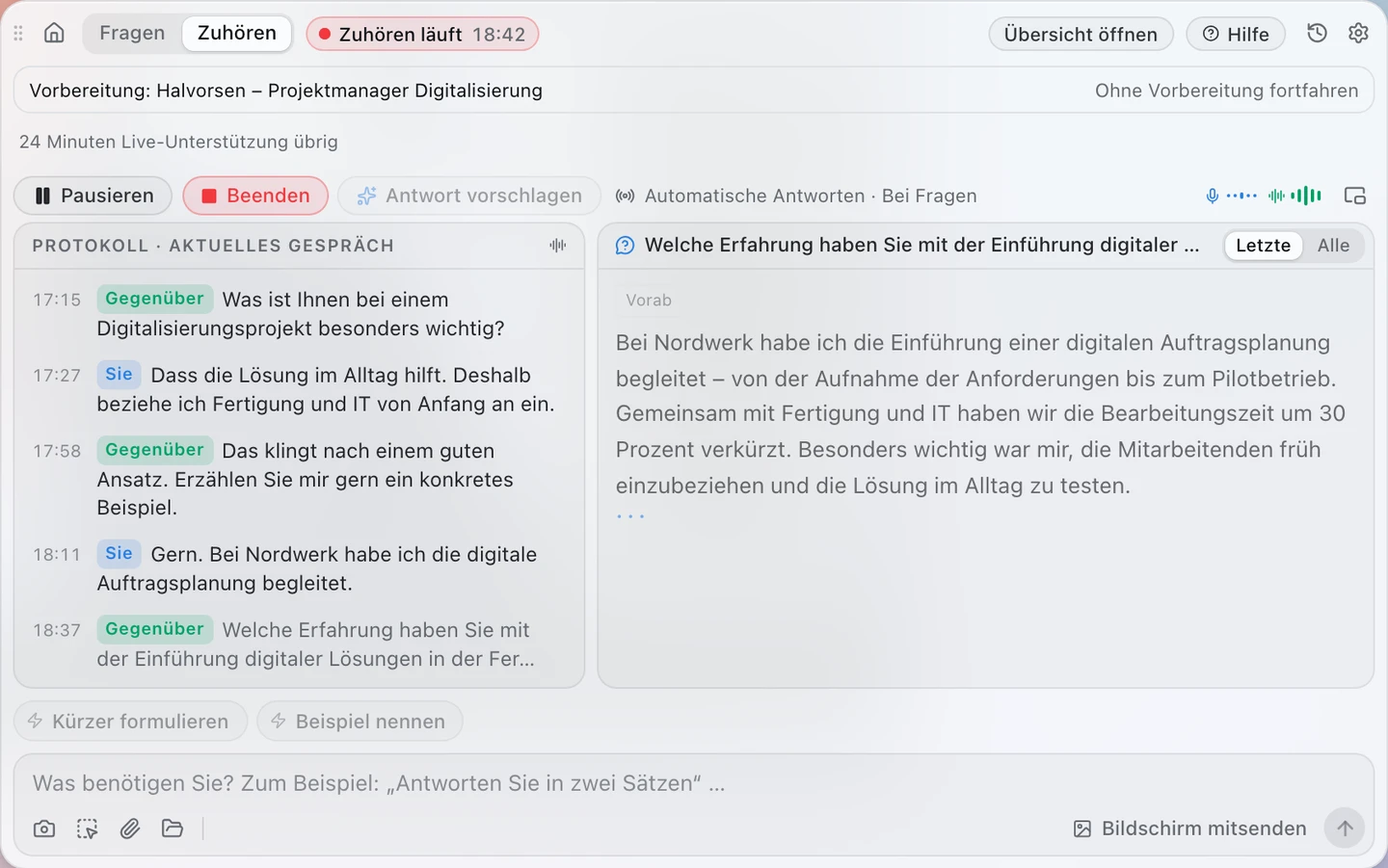 Das Earpiece-Fenster mit Mitschrift, Vorbereitung und Antwort