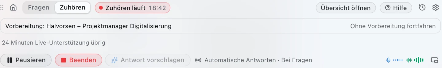 Zuhören läuft, verbleibende Minuten, Pausieren- und Beenden-Schaltflächen