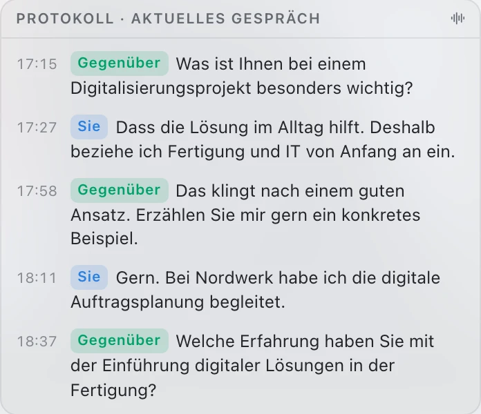 Protokoll mit Gegenüber- und Sie-Markierungen sowie Zeitstempeln