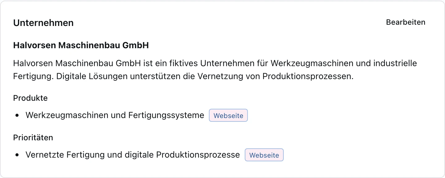 Unternehmensvorbereitung mit Produkten, Prioritäten und Webseite-Quellen