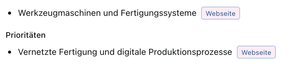Angaben in der Vorbereitung mit sichtbaren Webseite-Quellen