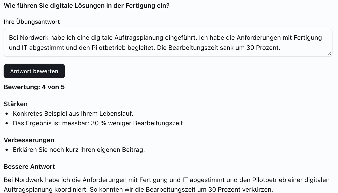 Earpiece-Übungsmodus mit einer Frage aus dem Einstellungsgespräch und Feedback