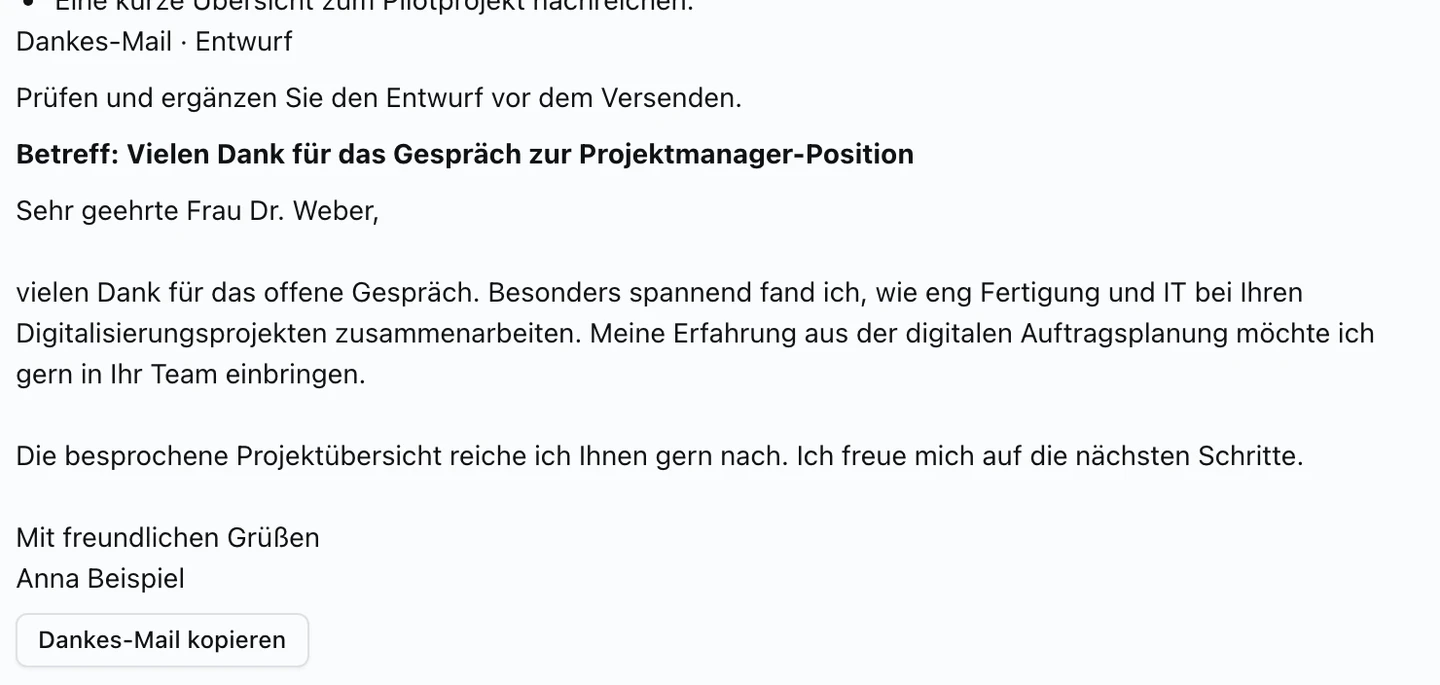 Dankes-Mail mit Betreff, Text und Kopieren-Schaltfläche
