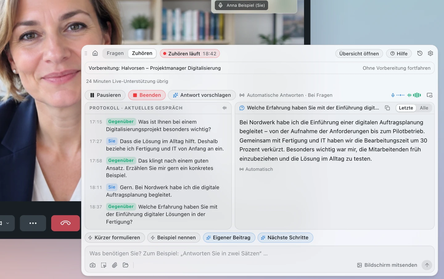 Earpiece mit einem Einstellungsgespräch per Video und einem Antwortvorschlag in einem separaten Fenster