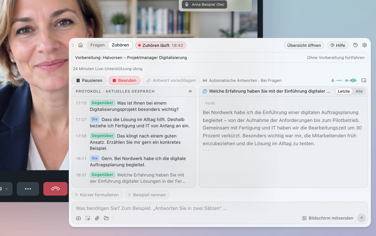 Videogespräch mit eingeblendetem Earpiece-Fenster: Mitschrift und Vorab-Antwort