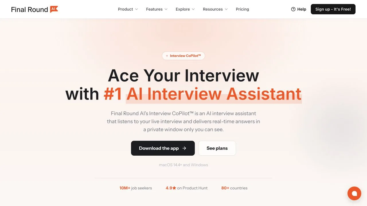 Öffentliche Produktseite von Final Round AI mit Interview CoPilot und Download für Desktop-Geräte