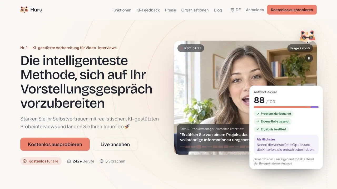 Deutsche öffentliche Huru-Seite mit einer Frage aus dem Vorstellungsgespräch und Antwortfeedback