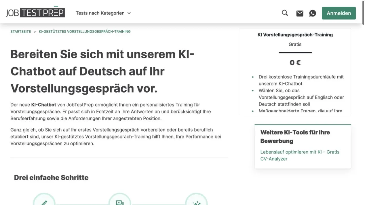 Öffentliche deutsche JobTestPrep-Seite mit KI-Training fürs Einstellungsgespräch und drei kostenlosen Trainings