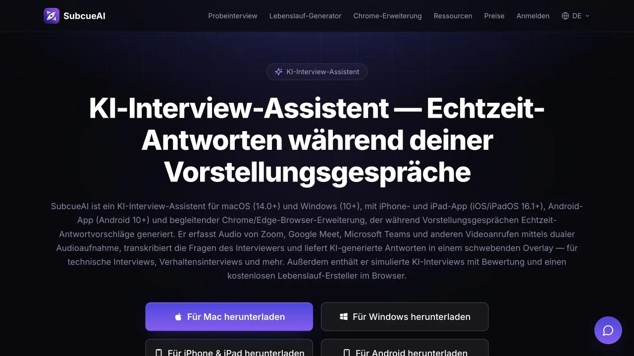 Deutsche öffentliche Produktseite von SubcueAI mit KI-Unterstützung für Vorstellungsgespräche und Geräteangeboten